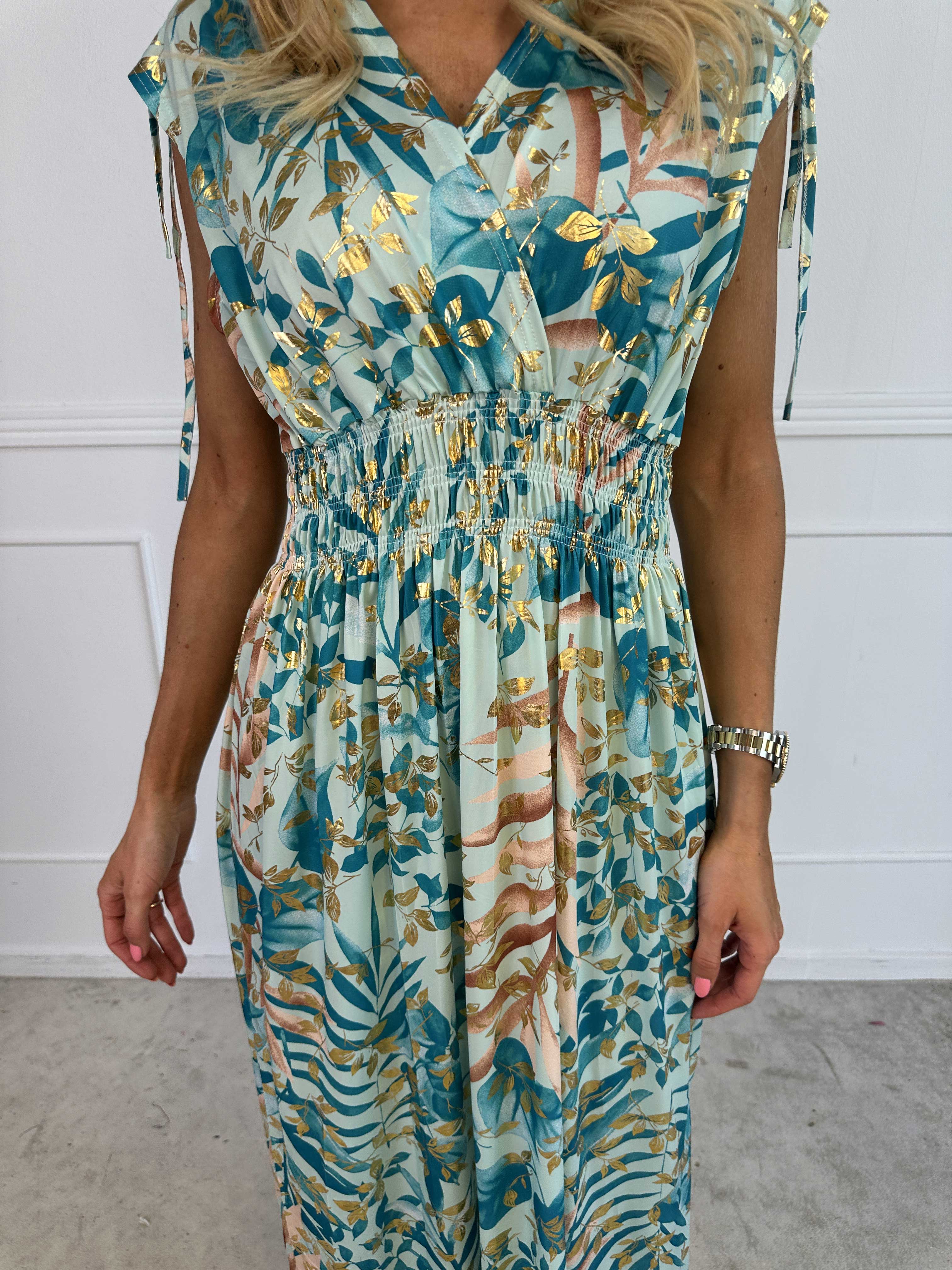 Pams Leaf Gold Sleeveless - Lang elastisk kjole med sødt blad print